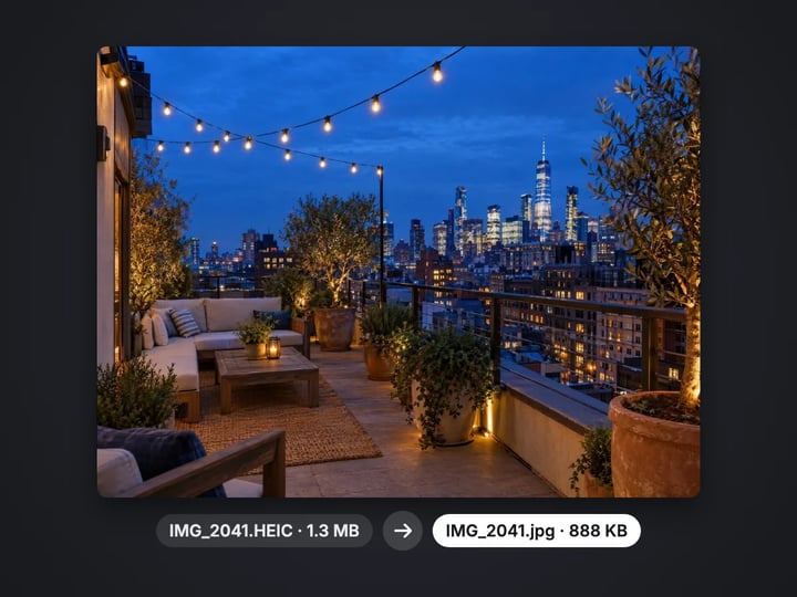 Rooftop terrace at blue hour converted from a 1.3 MB HEIC file to an 888 KB JPG