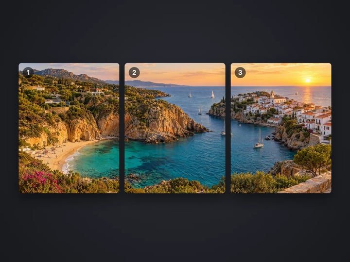 Wide coastal panorama split into three numbered slides that line up as one seamless carousel