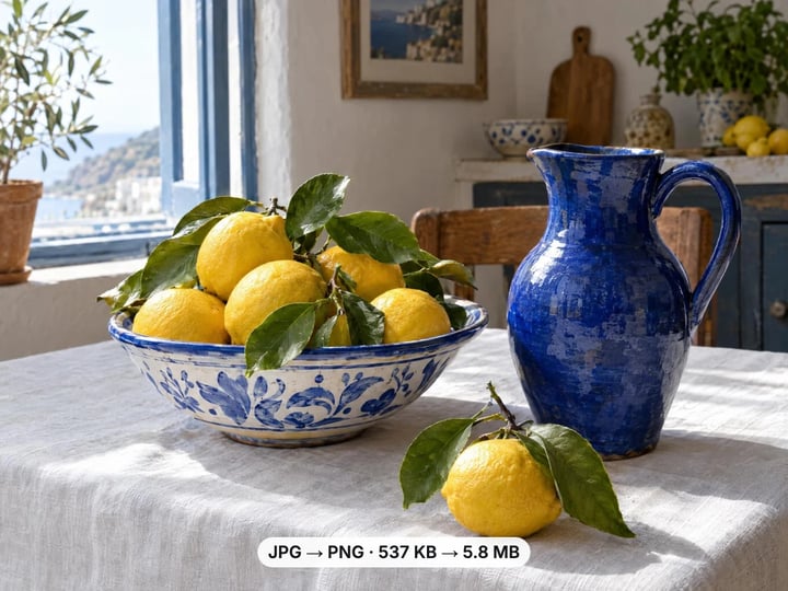 Lemons in a blue-and-white bowl beside a cobalt jug, converted from a 537 KB JPG to a 5.8 MB lossless PNG