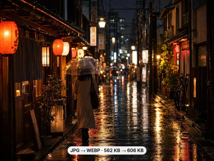 Rainy lantern-lit side street at night, converted from a 562 KB JPG to a 606 KB WebP