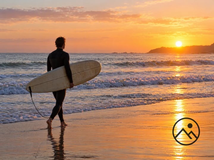 Surfer carrying a board at sunrise with a mountain-and-sun logo placed in the bottom-right corner