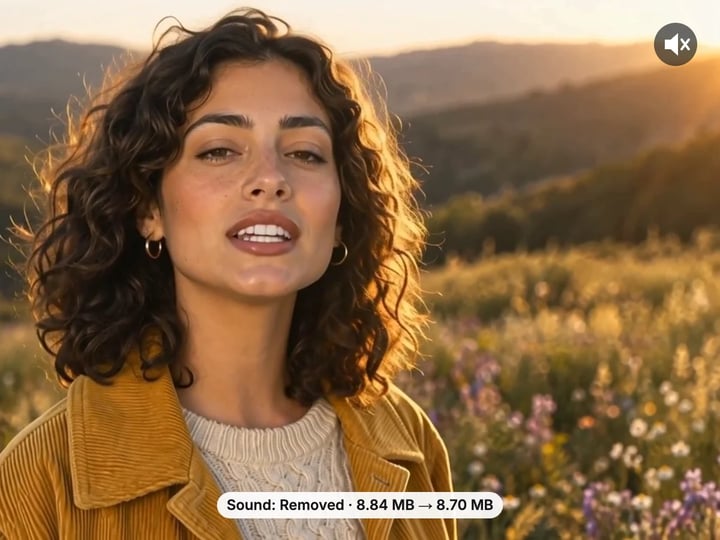 Frame of a woman singing in a meadow with a muted-speaker badge: the sound track removed, 8.84 MB to 8.70 MB