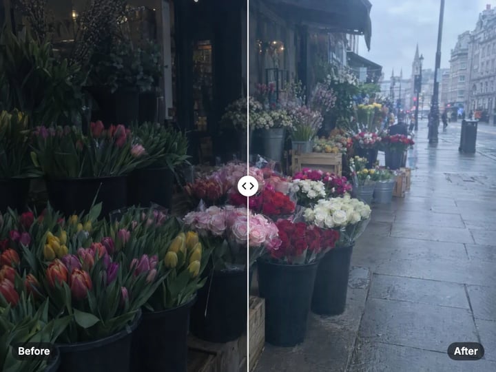 Dull, underexposed street flower stall on the left; brighter, balanced colours after enhancing on the right