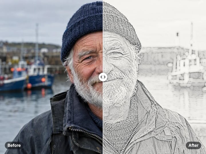 Portrait of an elderly fisherman in colour on the left, turned into a pencil sketch on the right