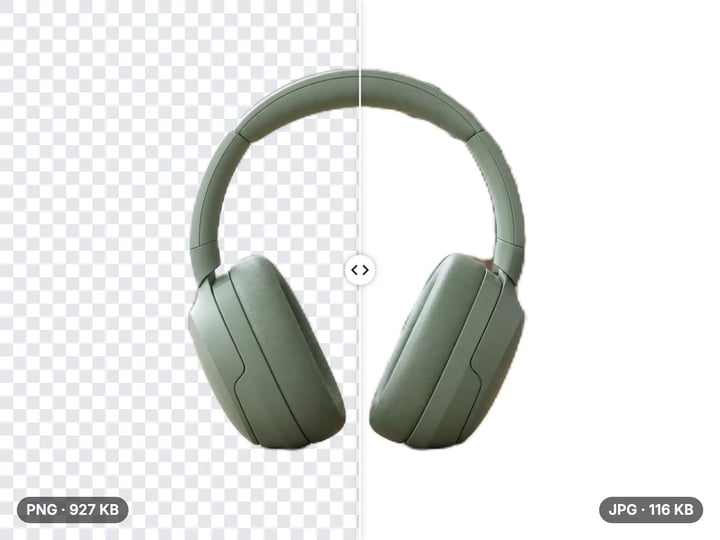 Sage headphones as a transparent PNG (927 KB) on a checkerboard and as a 116 KB JPG flattened onto white