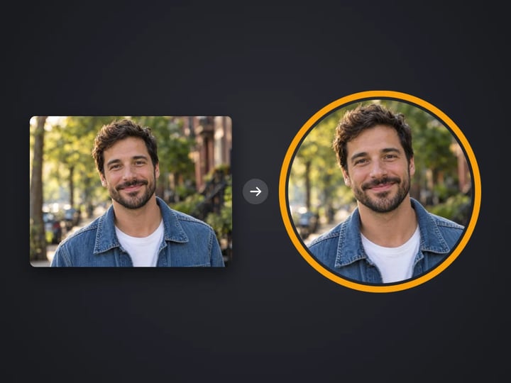 Portrait of a smiling bearded man and the round profile picture made from it with an amber ring