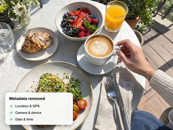 Phone photo of a brunch table with a card listing the metadata removed: location and GPS, camera and device, date and time