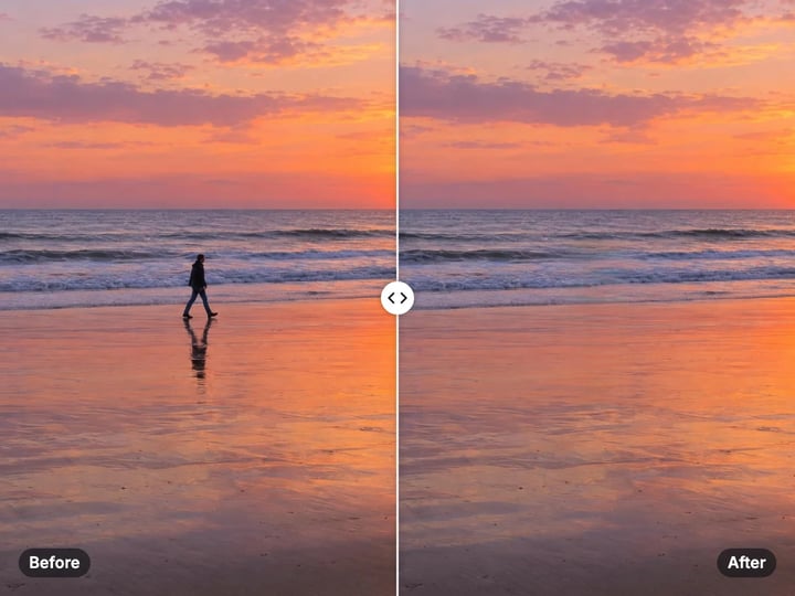 Sunset beach with a person walking across it, and the same beach with the person and their reflection erased