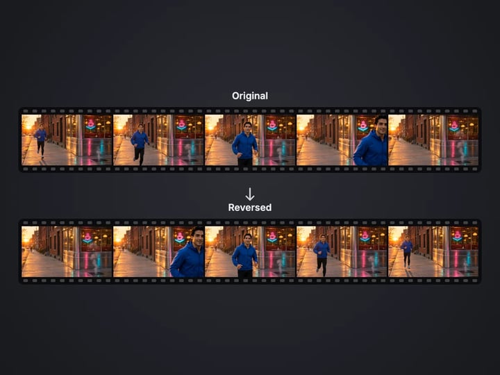 Film strips of a runner approaching the camera and the reversed video with the runner moving away