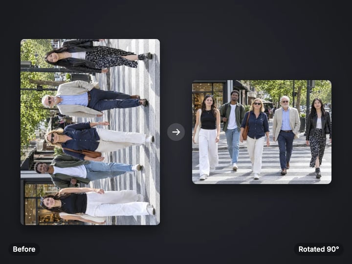 A sideways street photo of pedestrians and the same photo rotated 90 degrees upright