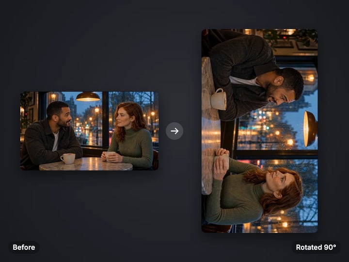 A landscape café conversation clip and the same video rotated 90 degrees into portrait