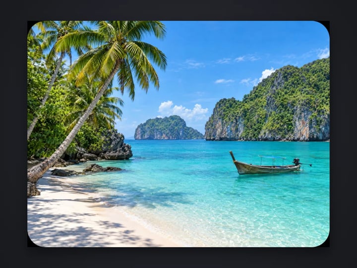 Tropical cove with palms and a wooden boat, with rounded corners
