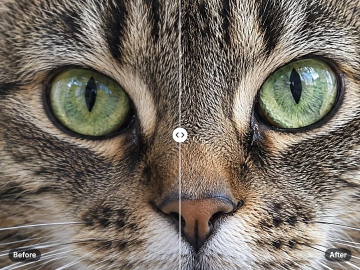 Close-up of a tabby cat’s eyes and fur, original on the left and crisper sharpened detail on the right