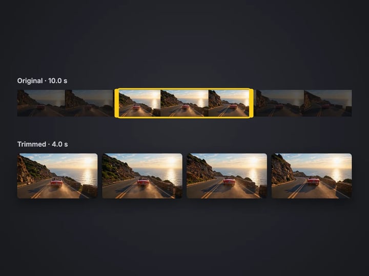 Timeline of a 10-second coastal-road clip with 0:03–0:07 selected, above frames from the 4-second trimmed video