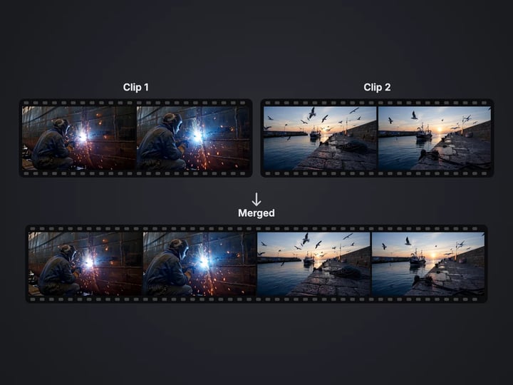 Illustration: a welding clip and a harbour clip shown as two film strips joined into one merged strip