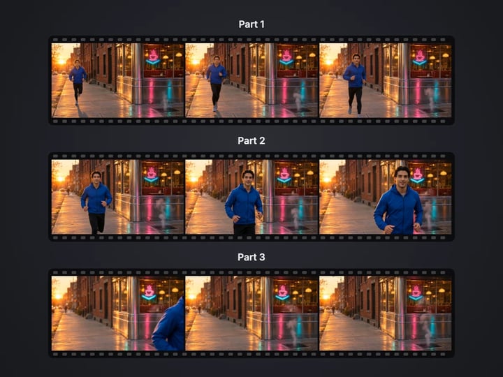 Illustration: frames from one clip of a runner divided into three film strips labelled Part 1, Part 2 and Part 3