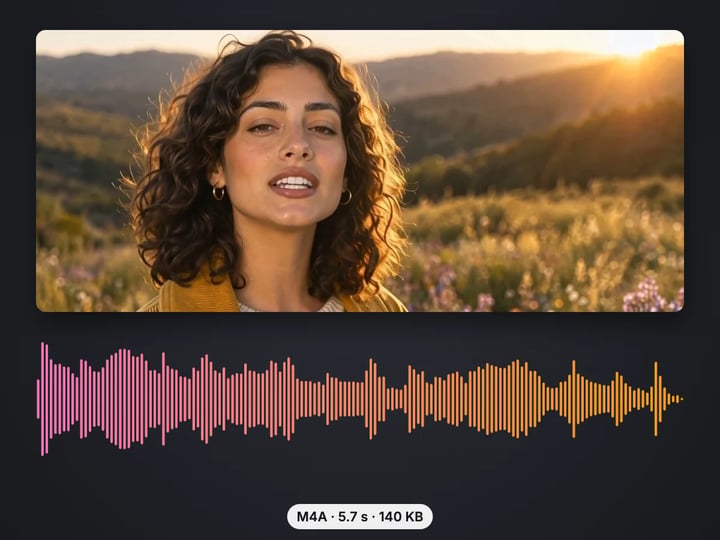 Frame of a woman singing in a meadow above the waveform of the 5.7-second M4A audio extracted from the video
