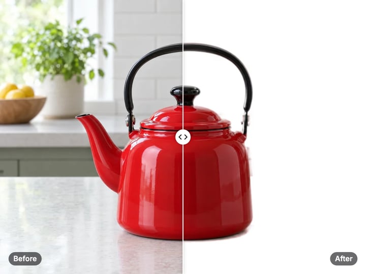 Red enamel teapot on a kitchen counter, and the same teapot on a pure white background