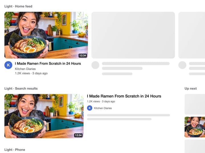 A ramen cooking thumbnail previewed in a light-theme home feed and search results with its title and channel
