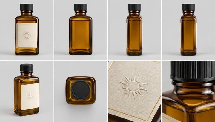 Object reference sheet of an amber glass bottle, made with Character ID