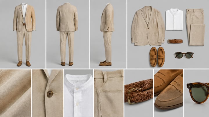 Outfit reference sheet of a linen summer suit, made with Character ID
