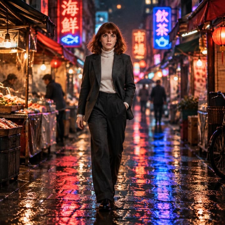 Juniper walking through a rainy night market — made in Sandbox with @juniper-ref on ChatGPT 2.5 Flare Edit
