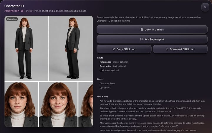 The Character ID skill, with Open in Canvas, Ask Superagent and SKILL.md for agents