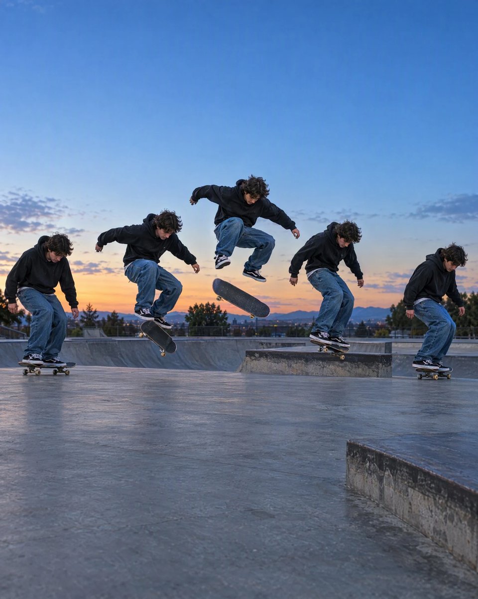 A skateboarder's kickflip as a multiple-exposure sequence