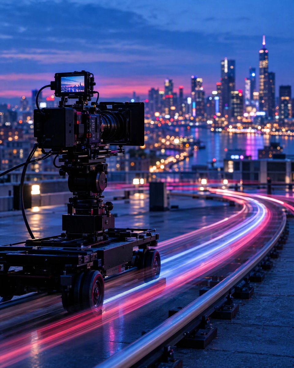 A cinema camera on a dolly track on a rooftop at blue hour