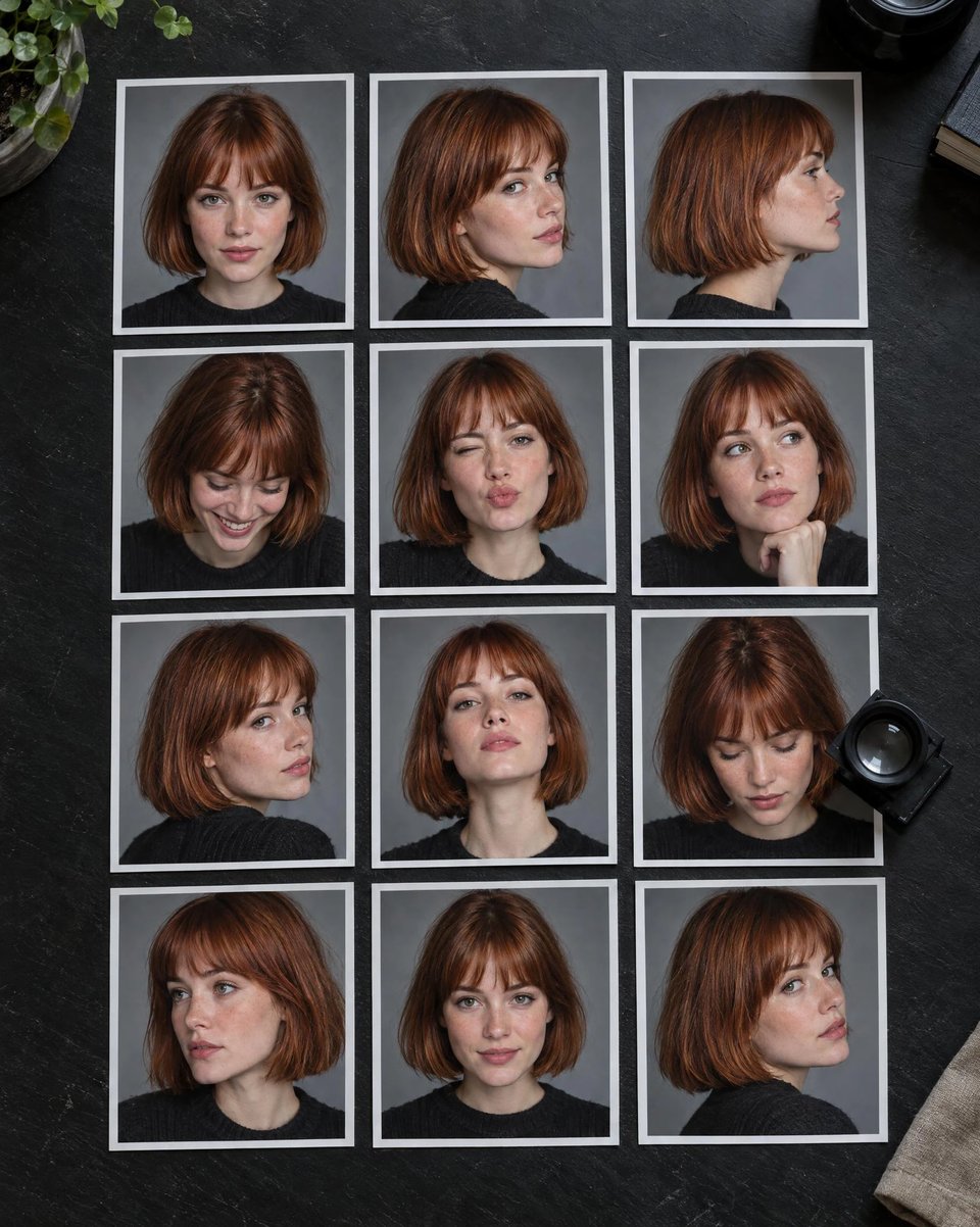 A contact sheet of the same woman's face from many angles