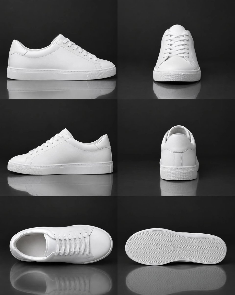 One white sneaker photographed from six angles on charcoal