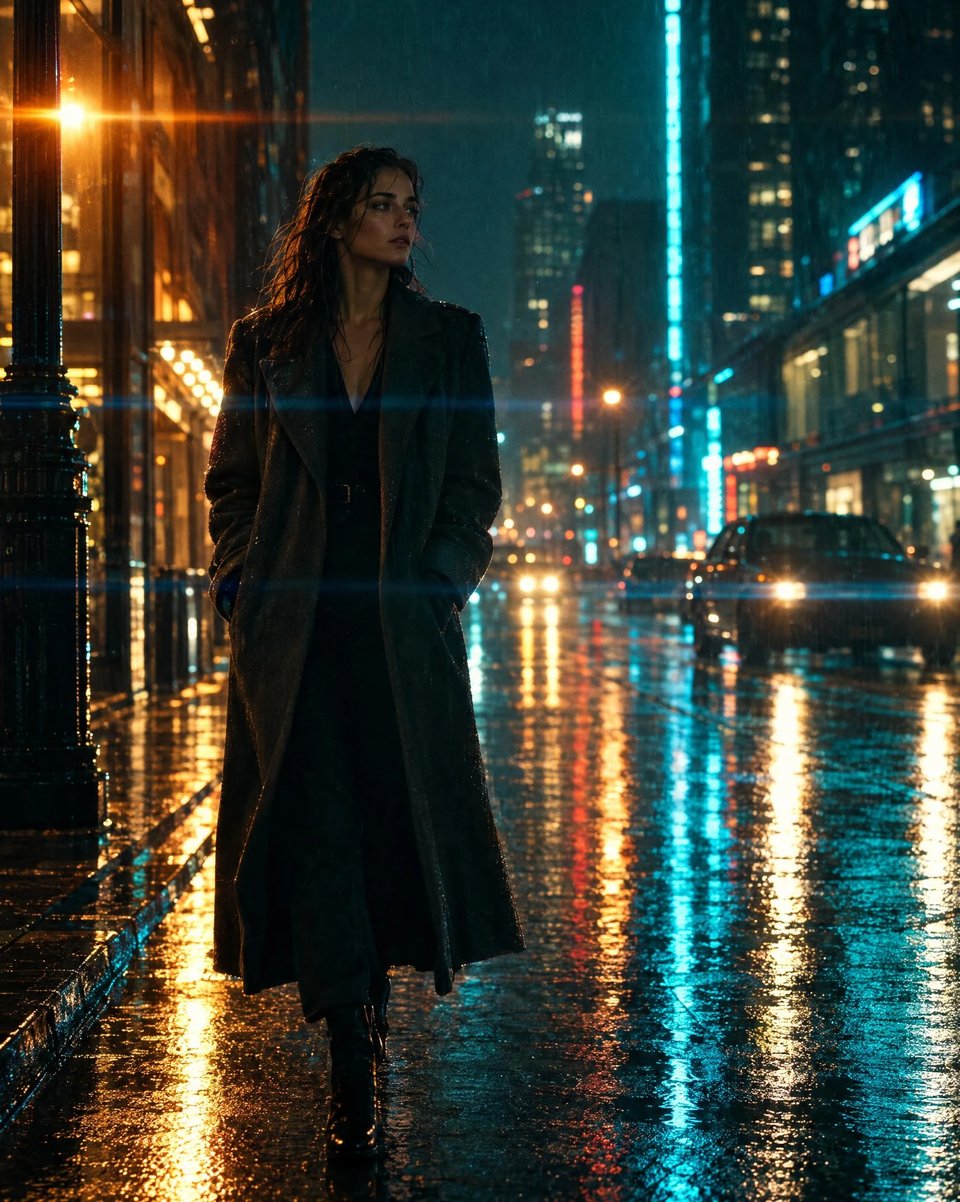 A film still with a teal-and-amber grade in neon rain