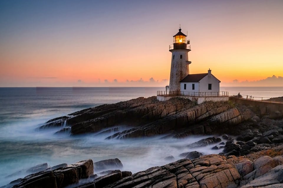 A lighthouse on a rocky coast at dusk, sea mist over the rocks. — made with Imagera Hermes Image