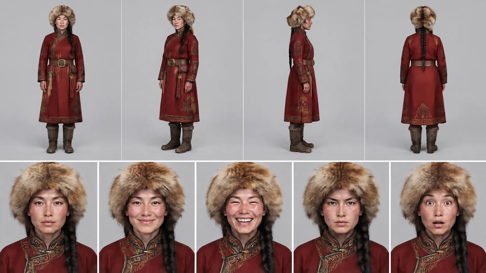 One Mongolian huntress held consistent across six angles, from close portraits to full-body turnaround.