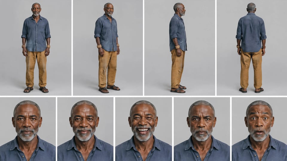 A grey-bearded Senegalese fisherman shown front, three-quarter, profile and full body on one sheet.