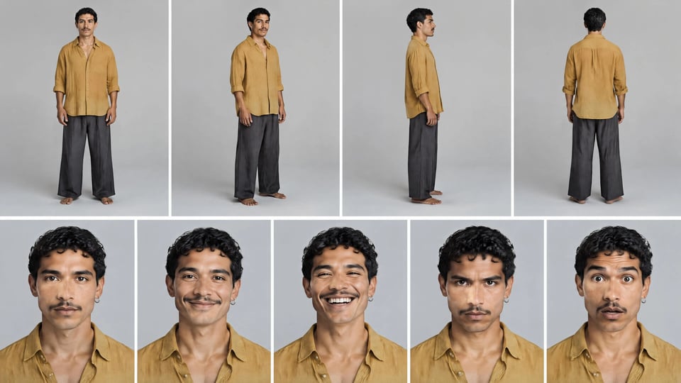 A Mexican dancer in mustard linen captured on a consistent multi-angle identity sheet.
