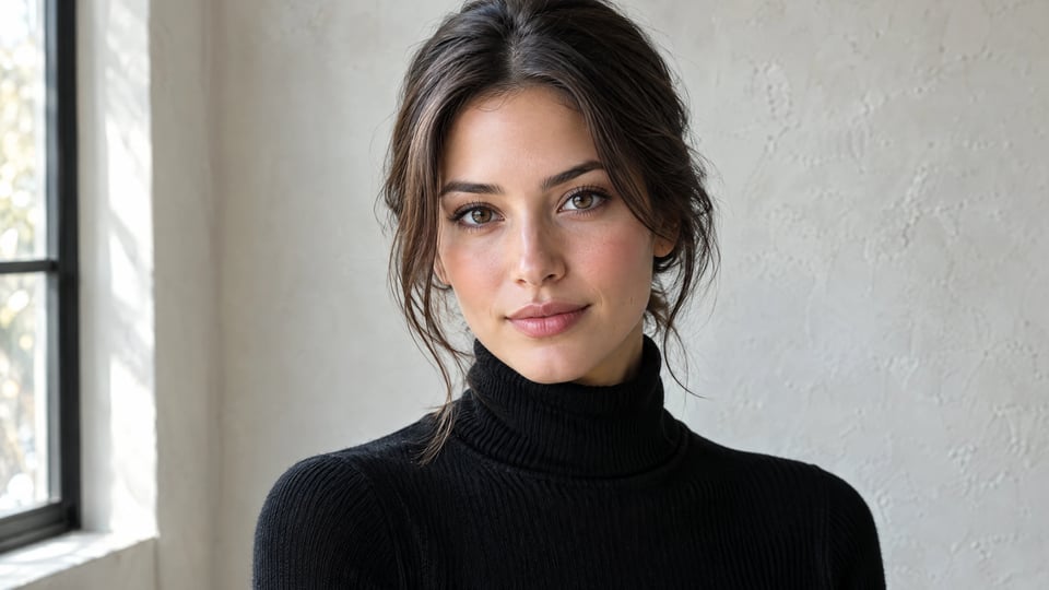 Portrait of a woman wearing a black turtleneck before an outfit edit