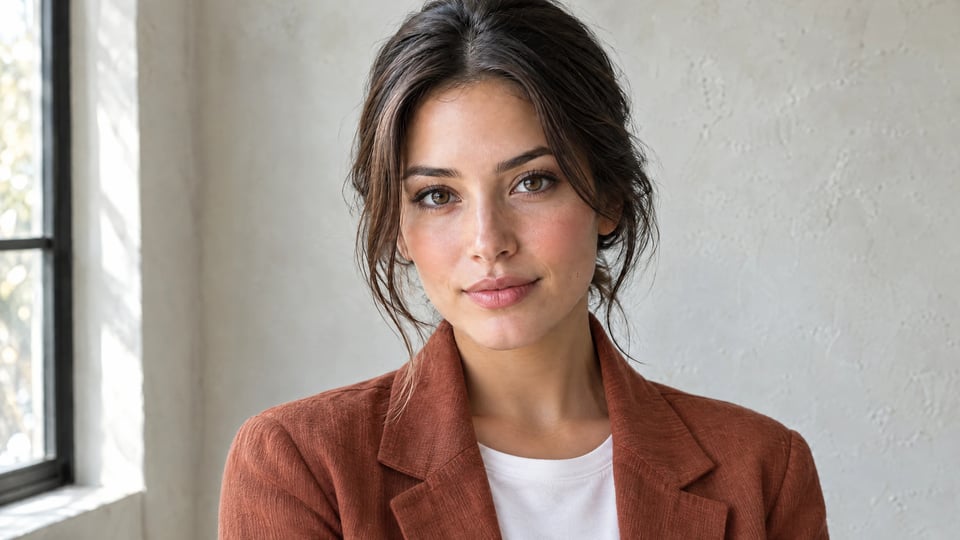 Matching portrait of the woman wearing a rust-colored blazer after the outfit edit