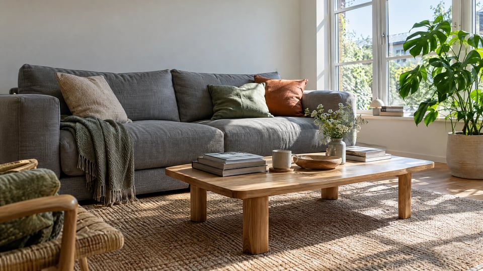 Reference image of a living room with a grey sofa in daylight