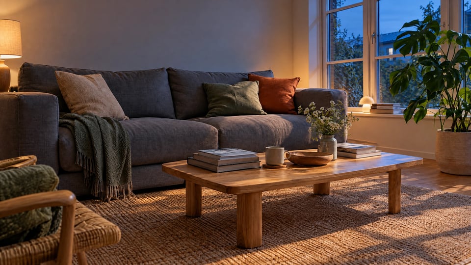 The same living room edited with warm interior light and blue-hour windows