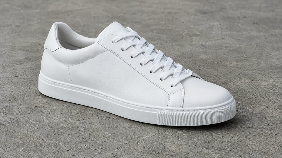 White sneaker photographed on a grey concrete surface