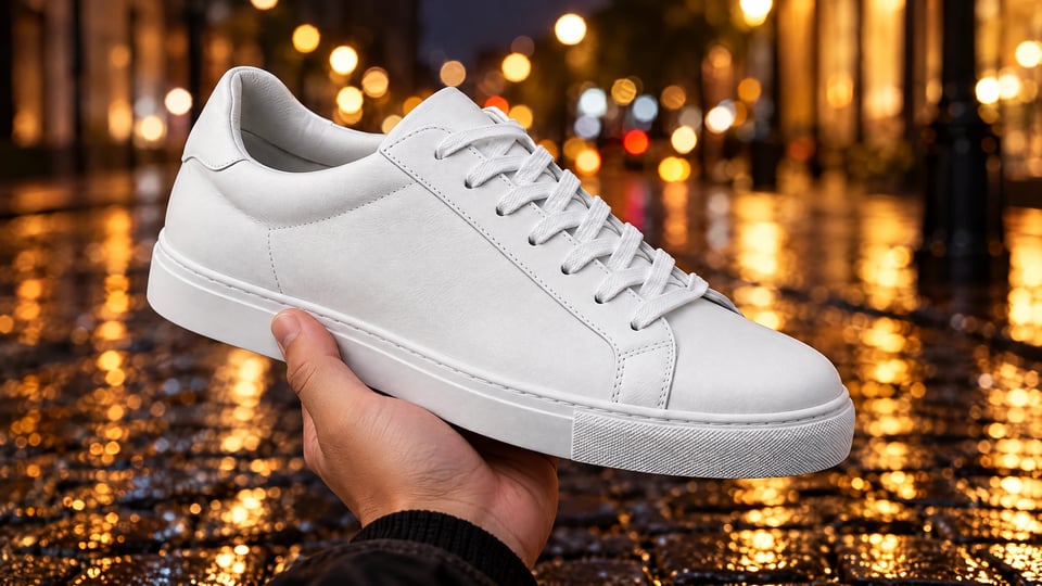 The white sneaker held in a hand against warm city lights after a background edit