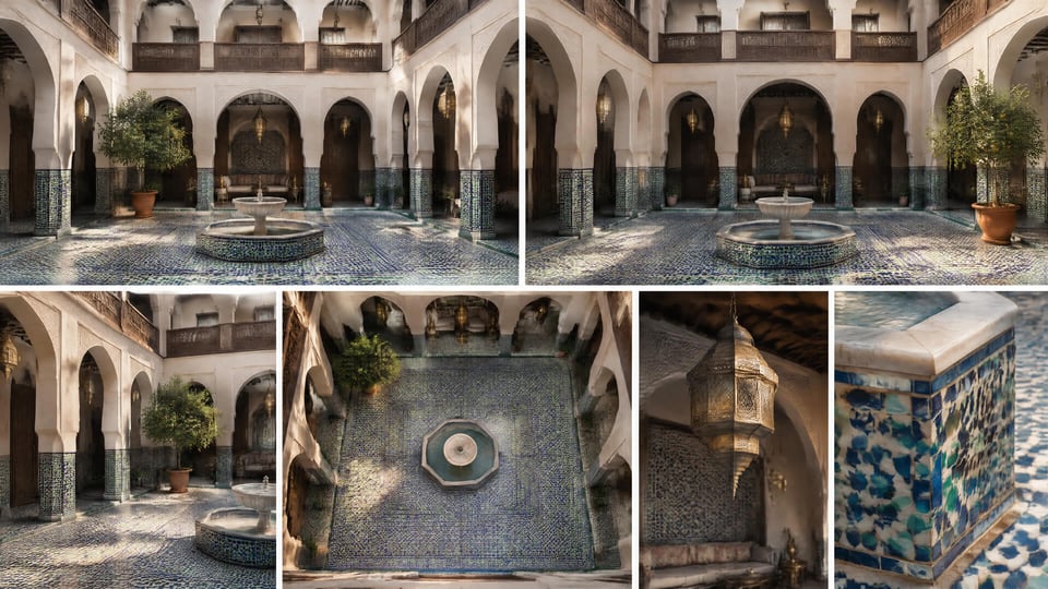 A six-view reference sheet of a sunlit Fez riad courtyard, layout and light consistent.