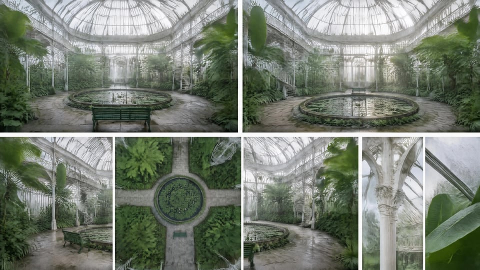 A misty Victorian palm house shown in six matching views on one reference sheet.