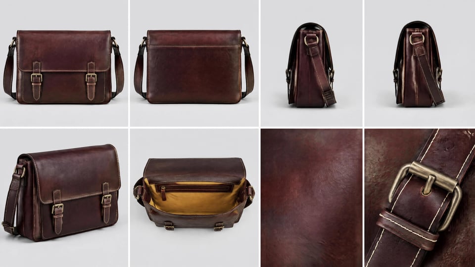 An oxblood leather messenger bag with brass buckles documented in multiple views and close details.