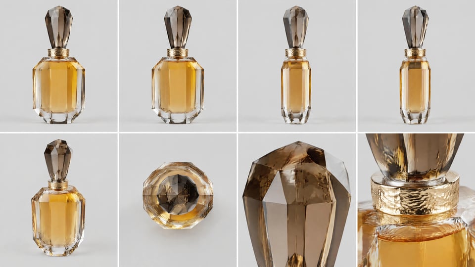 A faceted amber perfume bottle with smoky stopper captured across a full multi-angle reference grid.