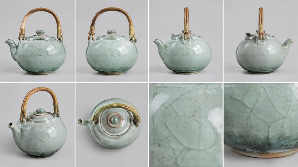 A jade celadon teapot with bamboo handle shown from five angles plus glaze details.