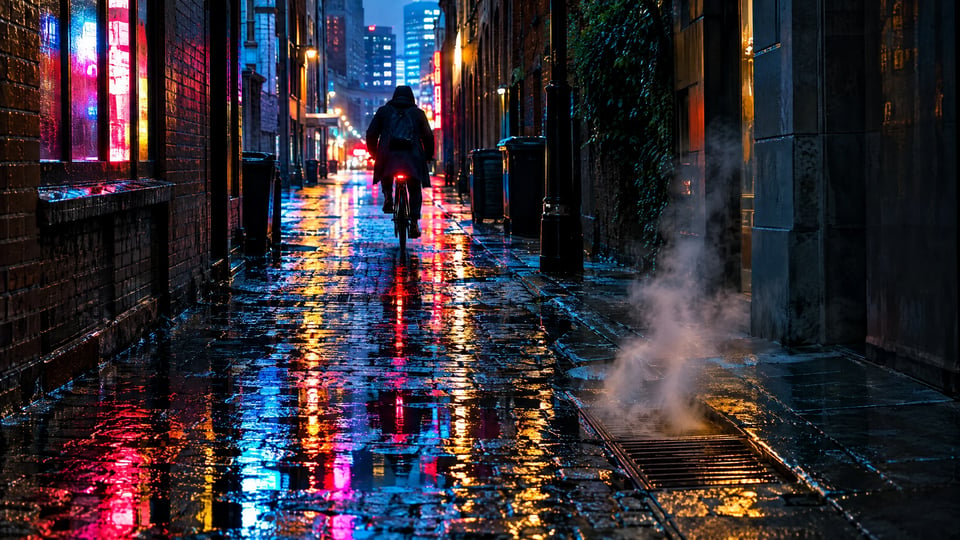 Wet alley, neon colour, a cyclist leaving — made with ChatGPT 2.5 Flare