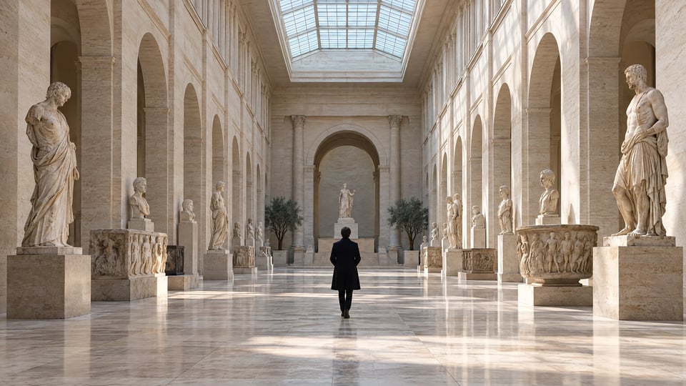 A figure in a stone museum hall — made with ChatGPT 2.5 Sunburst