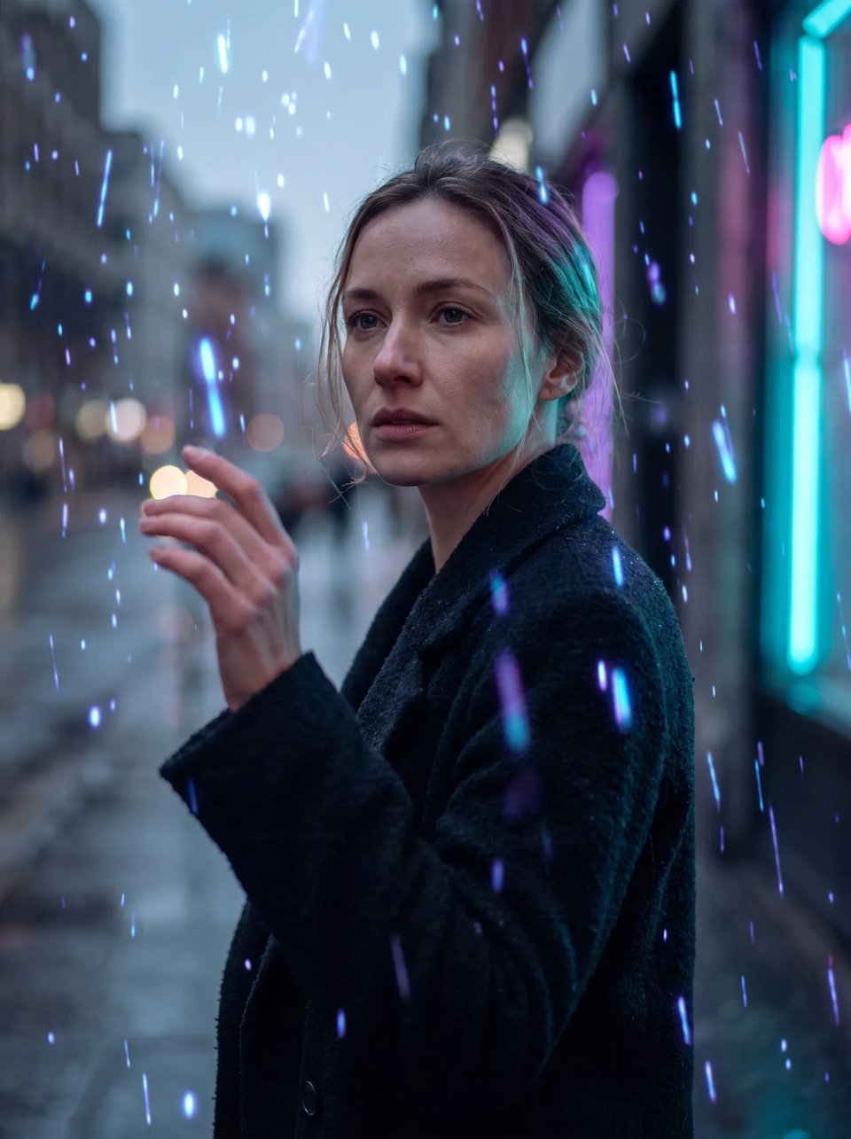 Cinematic portrait of a woman beside reflections in a neon-lit city